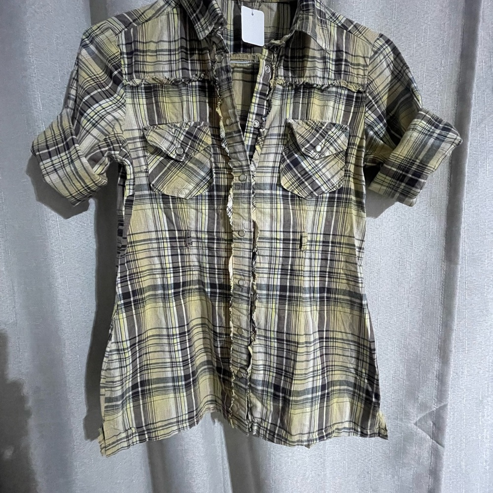 Alice & Kris Yellow Plaid Snap Button Shirt Top Medium